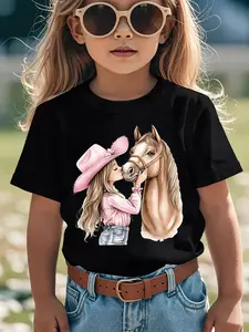 [Girls' Equestrian T-Shirt] Girls' Summer Short Sleeve T-Shirt - Pink Casual Round Neck Blouse with Kissable Horse & Mara' Cartoon Patch for Equestrian Outfits "Animation Cartoons"