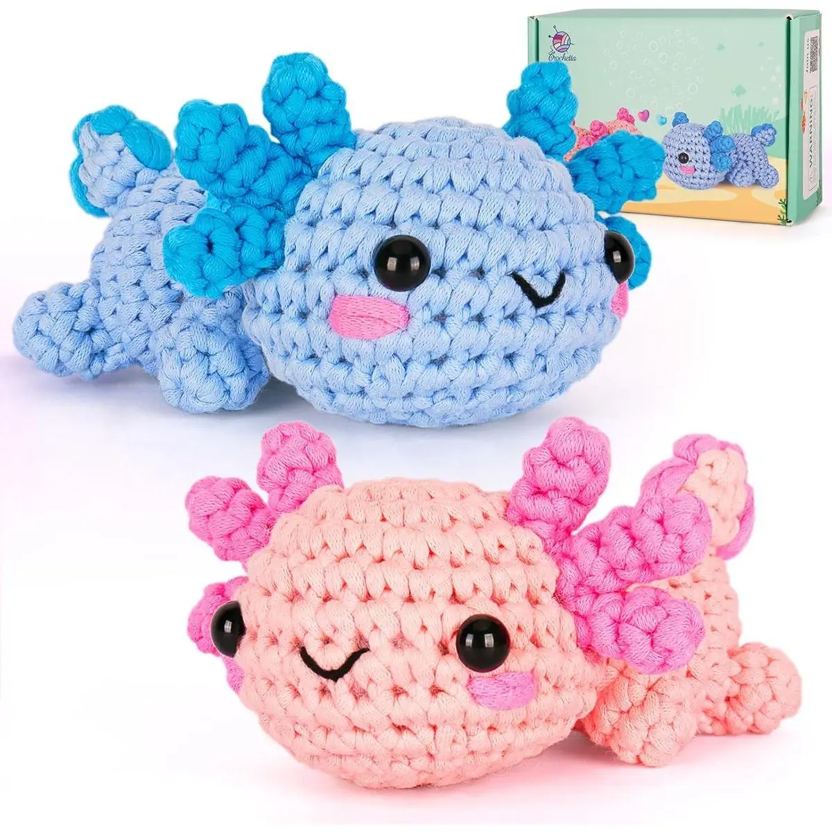 Crochet Kit for Beginners, Beginner Crochet Starter Kit w Step-by-Step Video Tutorials, Learn to Crochet Kits for Adults Women Men, DIY Knitting Supplies, Axolotls (Blue and Pink)