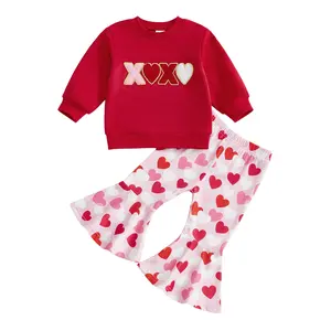 Toddler Girl Valentines Day Outfits Heart Letter Embroidery Long Sleeve Pullover Flare Pants 2 Piece Set Cute Valentine Clothes Round Neck Spring Casual Outfit