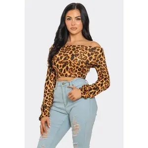 Leopard Print Fold Over Off Shoulder Crop Top for Women - Long Sleeve Blouse with Leopard Print and Cropped Design
