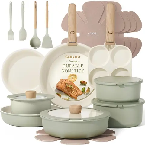 [Official] CAROTE 19/25-Piece Nonstick Pots and Pans Set, Wooden Detachable Handle, Space-Saving Cookware Set, All Stovetops Compatible, Sage Green, Black