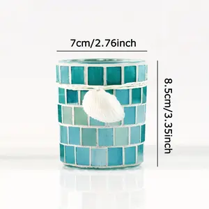 1pc, sky blue mosaic glass candle holders with shell, tea light holder for wedding centerpieces decor, Nordic empty candle jars for home decor, romantic table decor(no candles), Christmas, Halloween