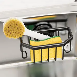 Kitchen Sink Sponge Holder with Strong Suction Cup, Rustproof Aluminum Sink Caddy Organizer for Sponges Brushes Scrapers, Removable Inside Sink – Black