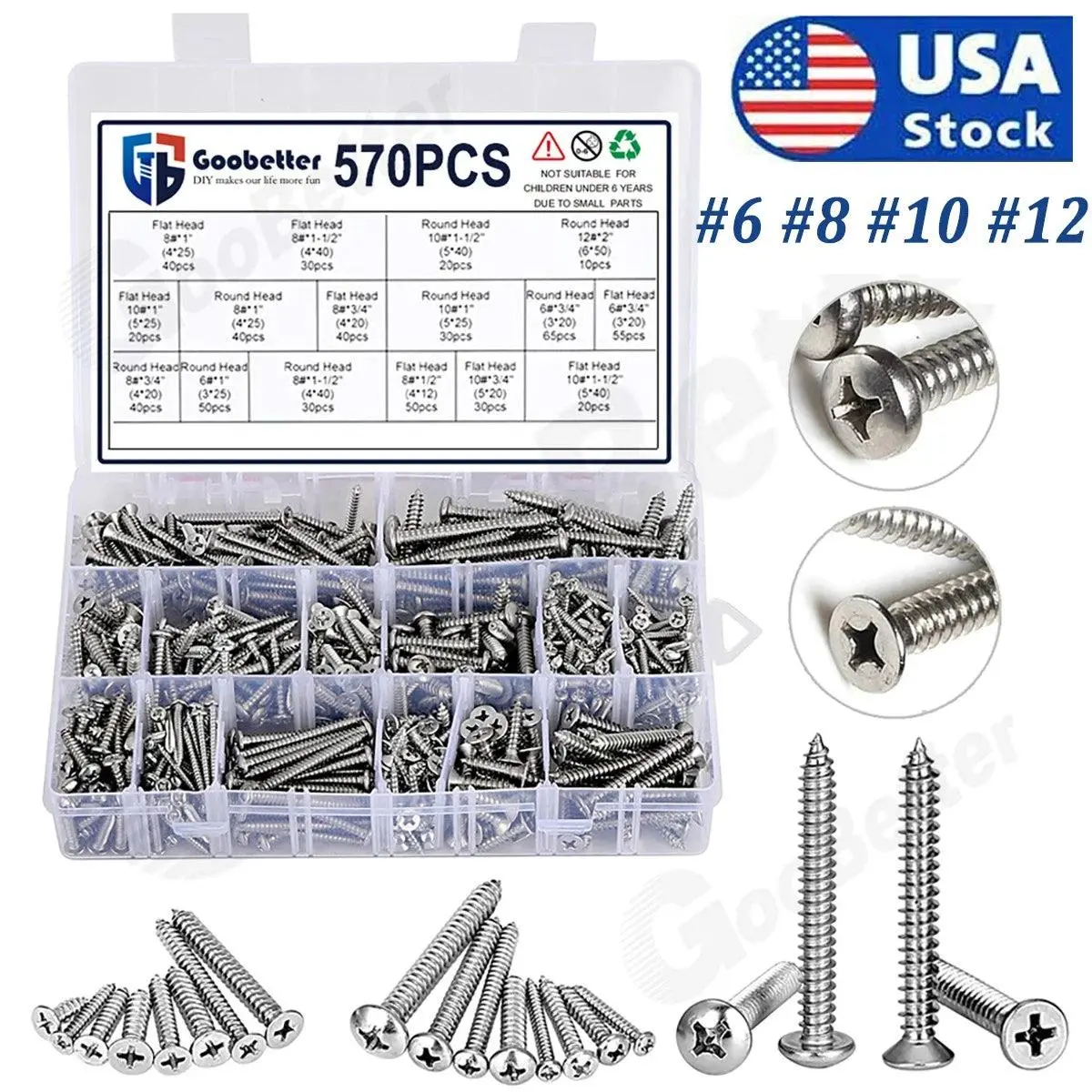 570pc-400pc 304 Stainless Steel Self-Tapping Self-Drilling Screw Kit, Construction & Metal Roofing Fasteners with Kit Box