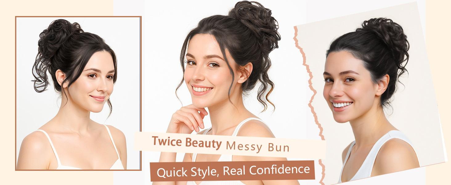 2PCS Messy Bun Hair Pieces Wavy Curly Synthetic Updo Chignon Fake Scrunchies Ponytail Extension for Women