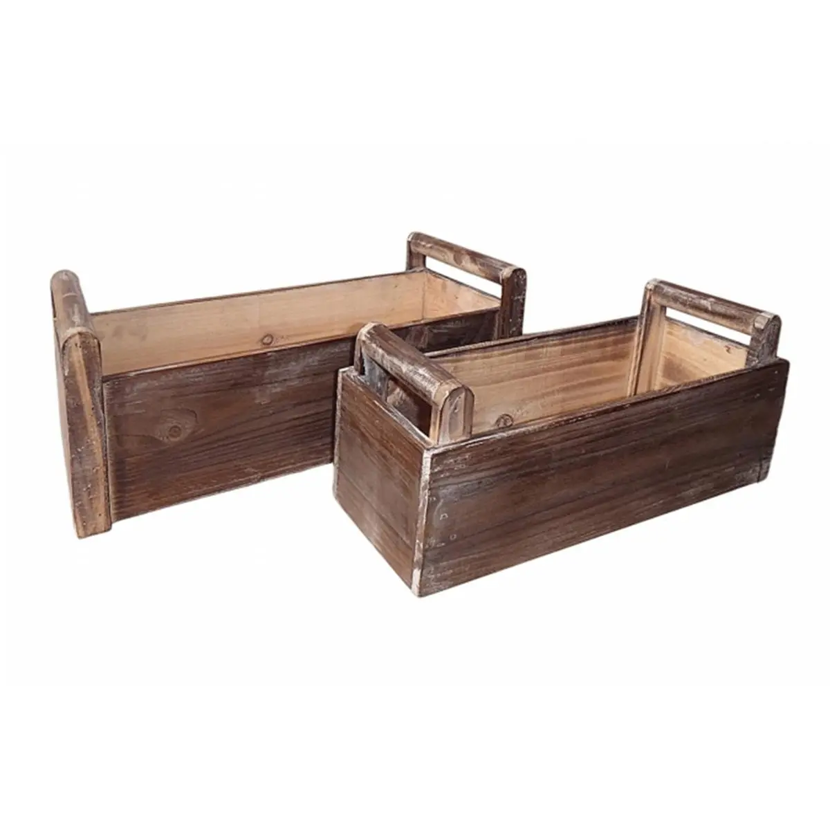 Cheungs Rattan FP-3506-2 Organizer Storage Set of 2 Wooden Rectangular Ledge Baskets with Handles and Plastic Liners - Brown