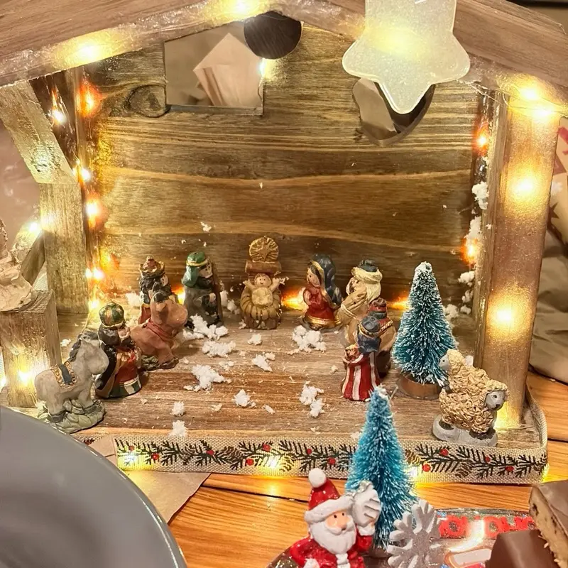 Handcrafted Nativity Scene Wooden  Stable with Lights Figurines Festive Holiday Decorations Set Ornaments Star Cutout Dried Moss Miniature Trees Snow Accents Light Glowing vintage decor holiday decor