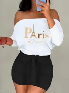 Women's Eiffel Tower Print Off Shoulder Crop Top & Skinny Shorts Two-Piece Set, Casual Fashion Cozy Top & Shorts for Daily Outdoor Wear, Ladies for All Seasons, Clothes, Blouse Shorts Set, Summer Clothing Set