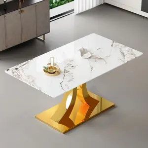 [Bellemave] 63 * 35.4 Inch Tempered Glass Dining Table, White Textured Tabletop & Double Shaped Metal Legs for Kitchen & Living Room