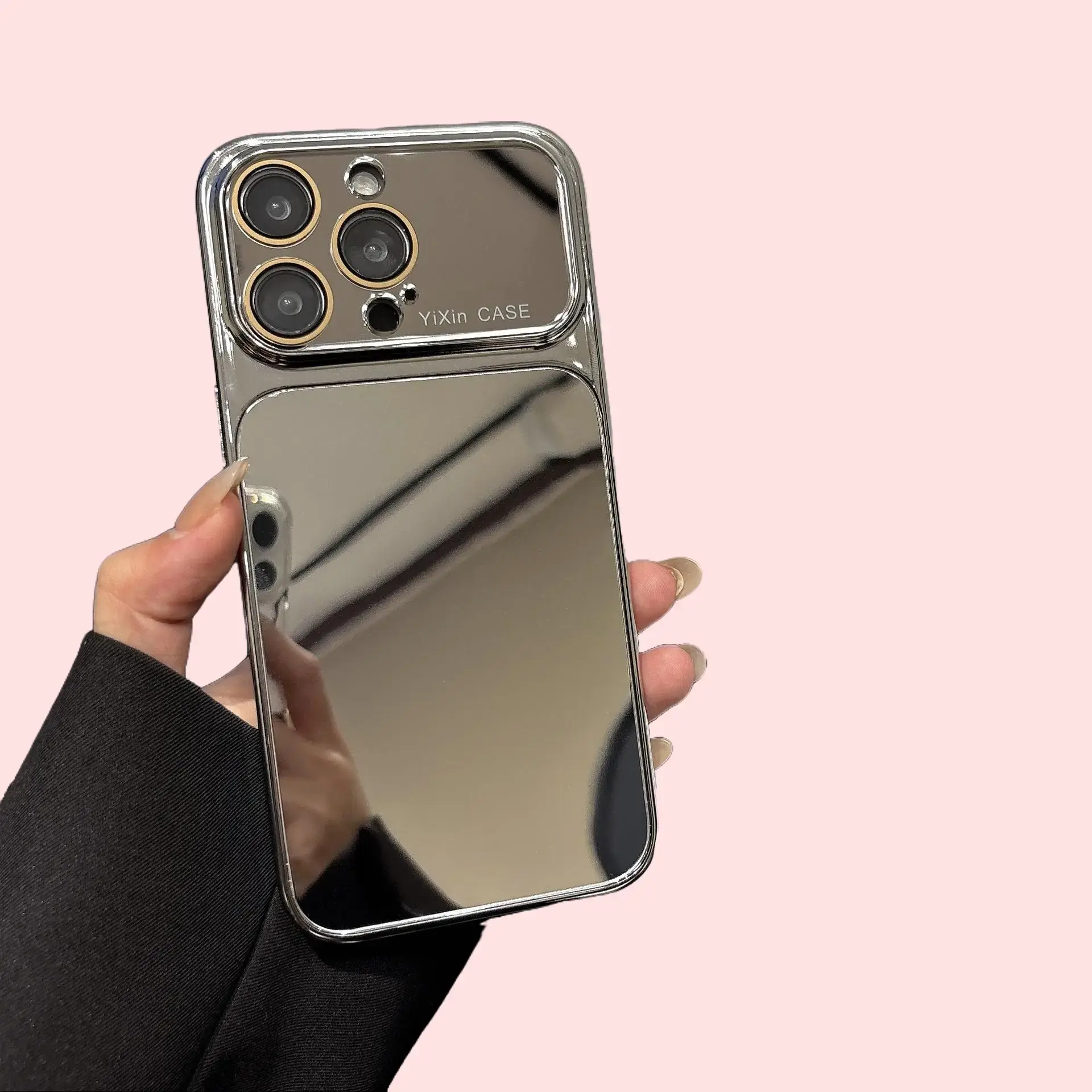 Electroplated Makeup Mirror Smartphone Case - Heavy Duty Protection Accessories, Large View Window, Anti-Drop Handheld, Customized Protective Cover for iPhone 17 Pro Max, 16 Max, 15, 14 Pro, 13 Devices