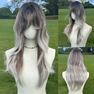 SMILCO 24Inch Ombre Grey Ash Silver Layered Long Straight Synthetic Wig SM259-2 with Bangs for Versatile Styling and Easy Maintenance