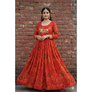 Designer Premium Heavy Georgette Bandhani Red Long Gown with Gamthi Work