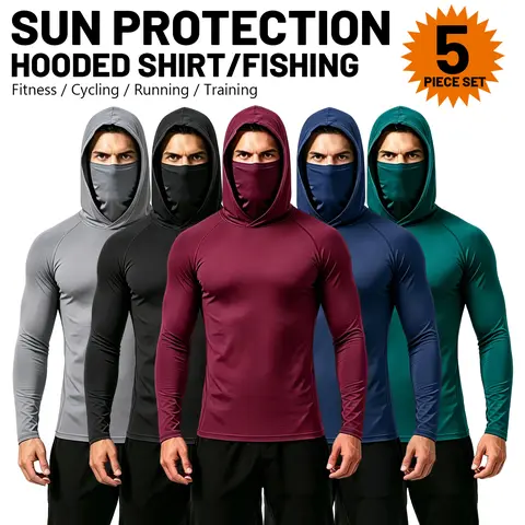 Men's 6-Pack UPF UV Protection Compression Hooded Shirts - Quick-Dry Wick, Breathable Long-Sleeve Athletic Tops with Attached Face Mask, Drawcord Hood, Lightweight Cooling Activewear for Fishing, Biking, Running