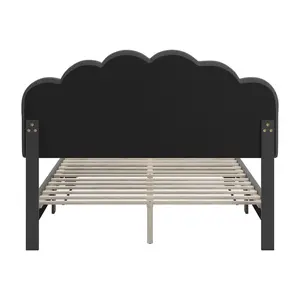 Black Finish Charcoal Boucle Queen Bed With LED Flower Headboard