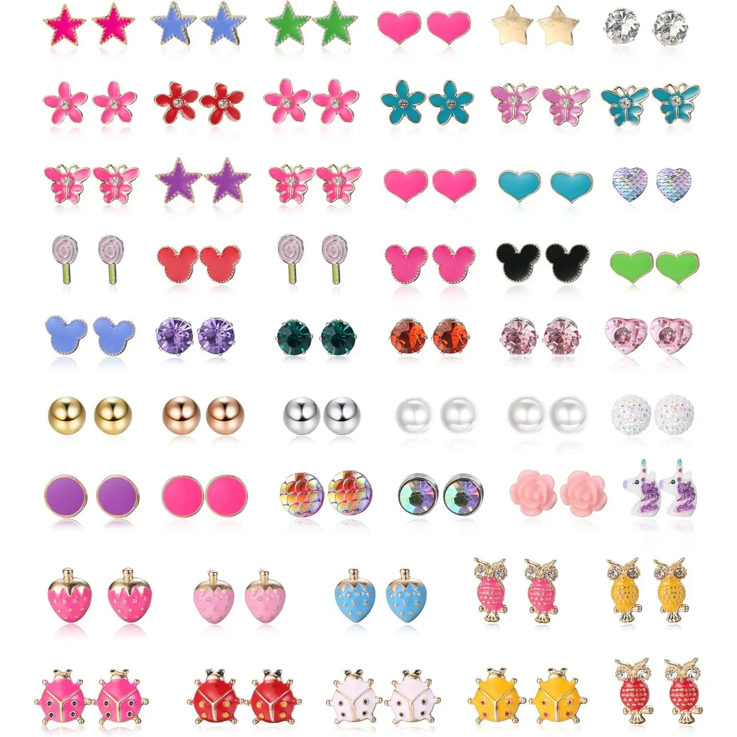 FINREZIO 52-Pair Hypoallergenic Enamel Stud Earrings Set for Women - Cute Cartoon Animal, Flower, Fruit, Star, Heart Designs - Colorful Costume Jewelry for Daily Wear, Gifting