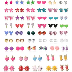 FINREZIO 52 Pairs Colorful Sweet Hypoallergenic Stud Earrings Set for Women Men Cute Cartoon Animal Flower Fruit Star Heart Earrings Colorful Enamel Piercing Jewelry Set for Daily Wear Parties Gift Giving