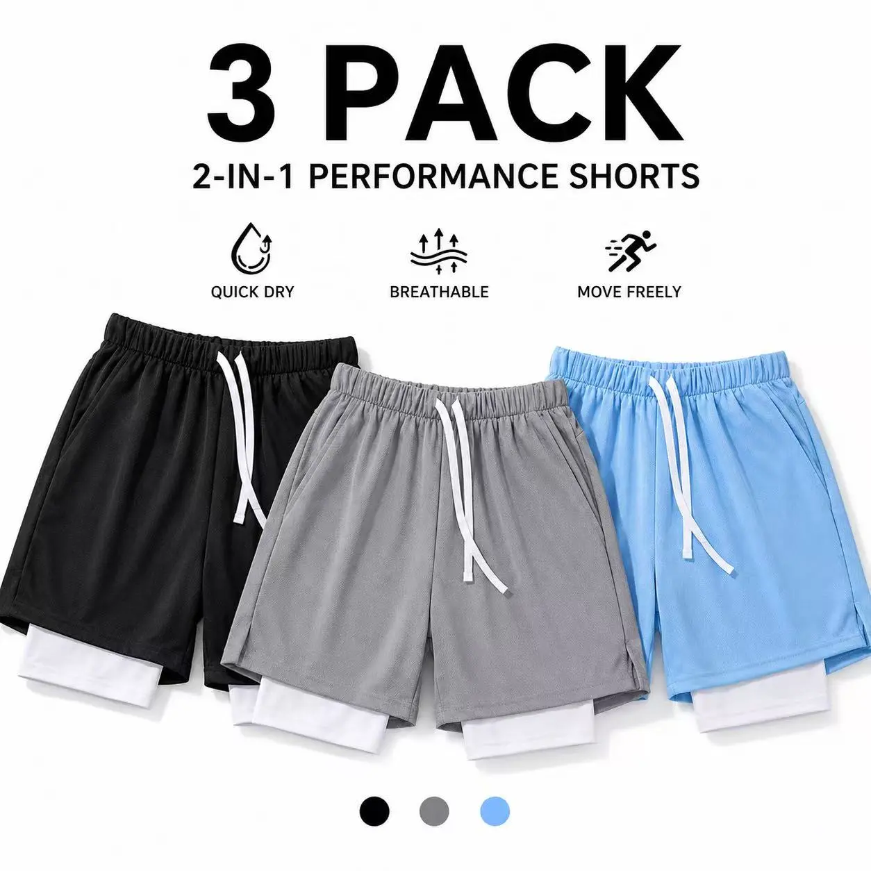 Men's 3-Pack 2-in-1 Athletic Shorts, High-Stretch Breathable Mesh with Quick-Dry Compression Liner and Pockets for Gym Workouts and Running, M, Sporty Chic, Dual Layers, Gym Training, Mesh Fabric, Double Layer, Multi-Size, 2Xl