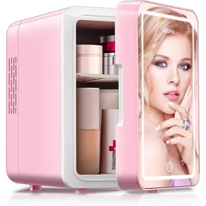 Skincare Fridge, 4L Makeup Mini Fridge With Dimmable LED Light Mirror for Bedroom, Car, Office & Dorm, Cooler & Warmer, Small Refrigerator for Cosmetics, Skin Care and Food (Mirror, Pink)