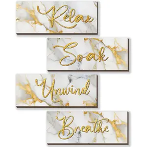 she's love 4 Pcs White and Gold Bathroom Decor White Gold Wall Decor Relax Soak Unwind Breathe Wooden Rustic Marble Style Bathroom Accessories for Bedroom Living Room Decor Kitchen(10X4)