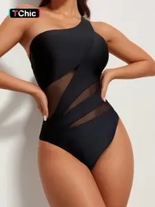 Women's Contrast Mesh One Shoulder Swimsuit, Asymmetrical Neck Swimwear, Ladies One Piece Swimsuit for Summer Beach Holiday Vacation, Bathing Suits 2024 for Women, Tummy Control Swimwear, Swimsuit for Women, High Stretch Swimwear