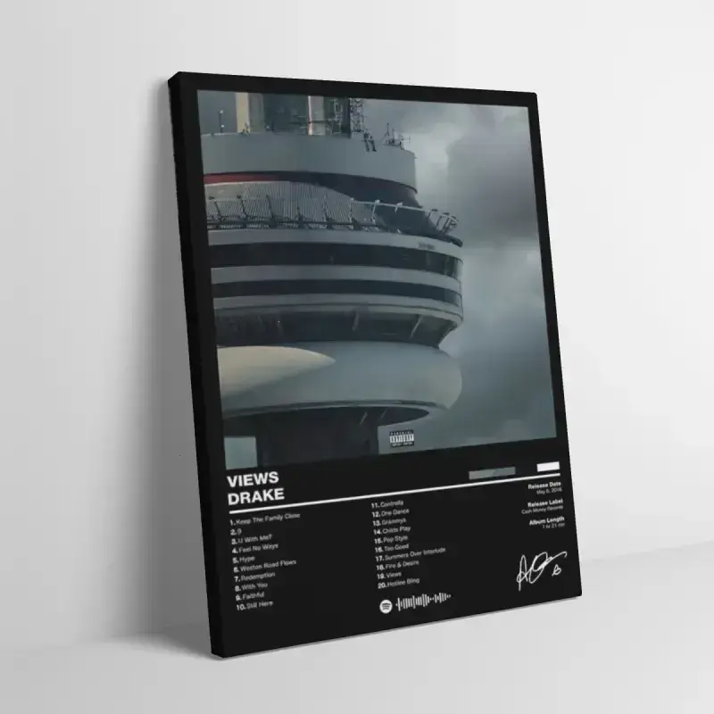 [Free ship] Drake singer Views Album Canvas Art And Prints For Walls - Cloudy Foggy Modern Tower High Architecture View Poster Wall Hanging, Retro Hip Hop Rap Music Tracklist Fabric Poster paintings, Minimalist Aesthetic Room Decor Dorm