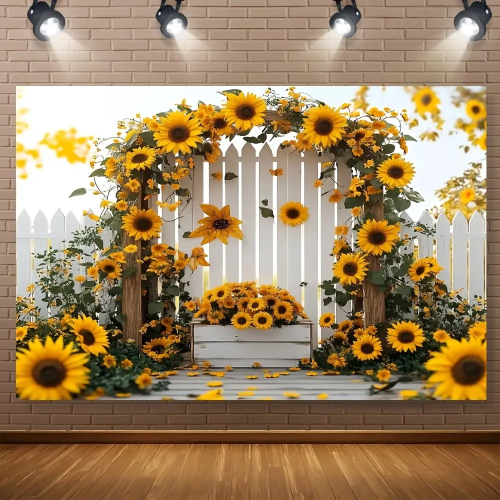 1PC Polyester 2D Flat Sunflower Festival Door Banner - Pastoral White Fence Decorative Door Curtain, Party Decoration Supplies for Home Birthday Backdrop, Flowerwall & White Arch Hanging Cloth