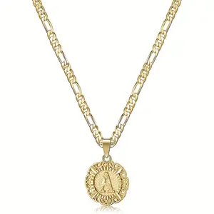Women's initial pendant necklace Round letter pendant necklace A-Z Figaro Letter necklace