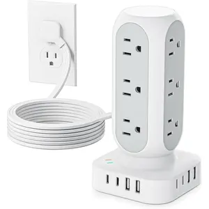 Tower Power Strip with Surge Protection, Flat Plug Outlet Extender with 12 AC Outlets & 8 USB Ports, 5 FT Extension Cord with Multiple Outlets, 24W Total  Station for Home Office Dorm Room
