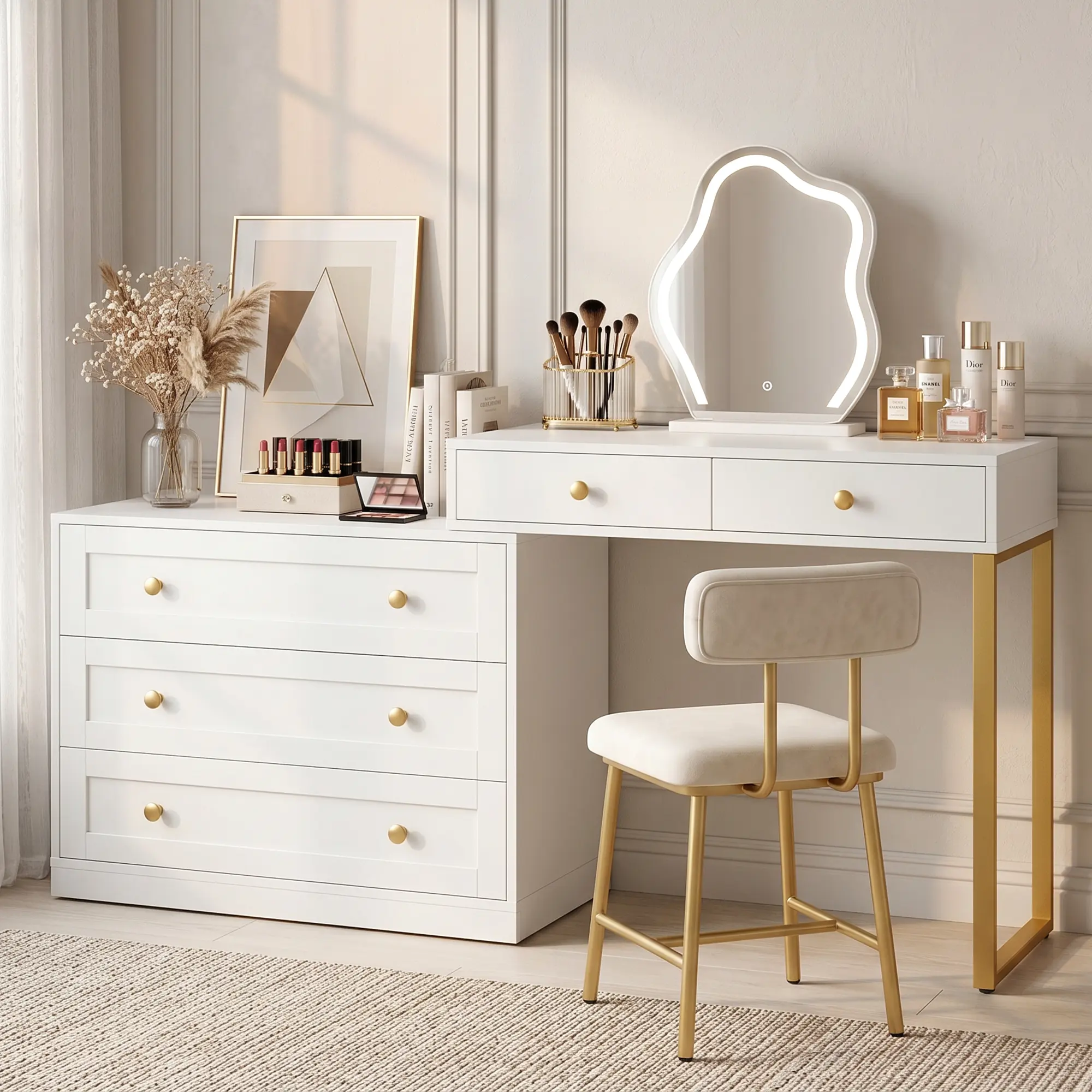 small gold dressing table RoyalCraft L Makeup Vanity Desk, White Vanity with Storage, L Shaped Corner Vanity Desk with 5 Drawers, Modern for Bedroom, Space small dressing table ikea