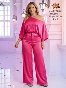 SUPÊR VÃLUE CHOIC Jazzy faith  Pink Dollette 2pieceset Vacation Soft Girl loud presence 2026 JUMPSUITS Maxi Outfit  hides my lower belly SpringRed Satin-Soft Stretchy  Puff Sleeve  & Lantern Pants – Curve-Hugging, office chic Womenswear casual Trouser
