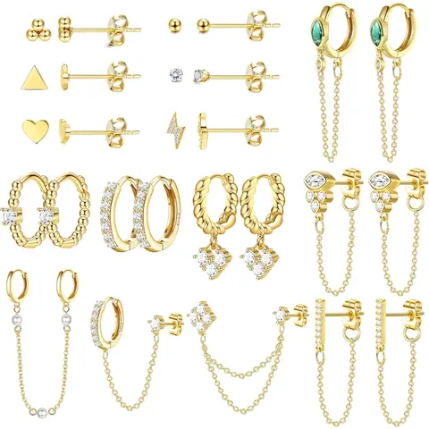 Dainty Earrings Set for Women, Gold Plated Stud & Huggie Hoops, Ear Studs, Hypoallergenic Post Earrings Surgical Steel, Casual Style, All Seasons, High Quality Earrings, Hypoallergenic Jewelry