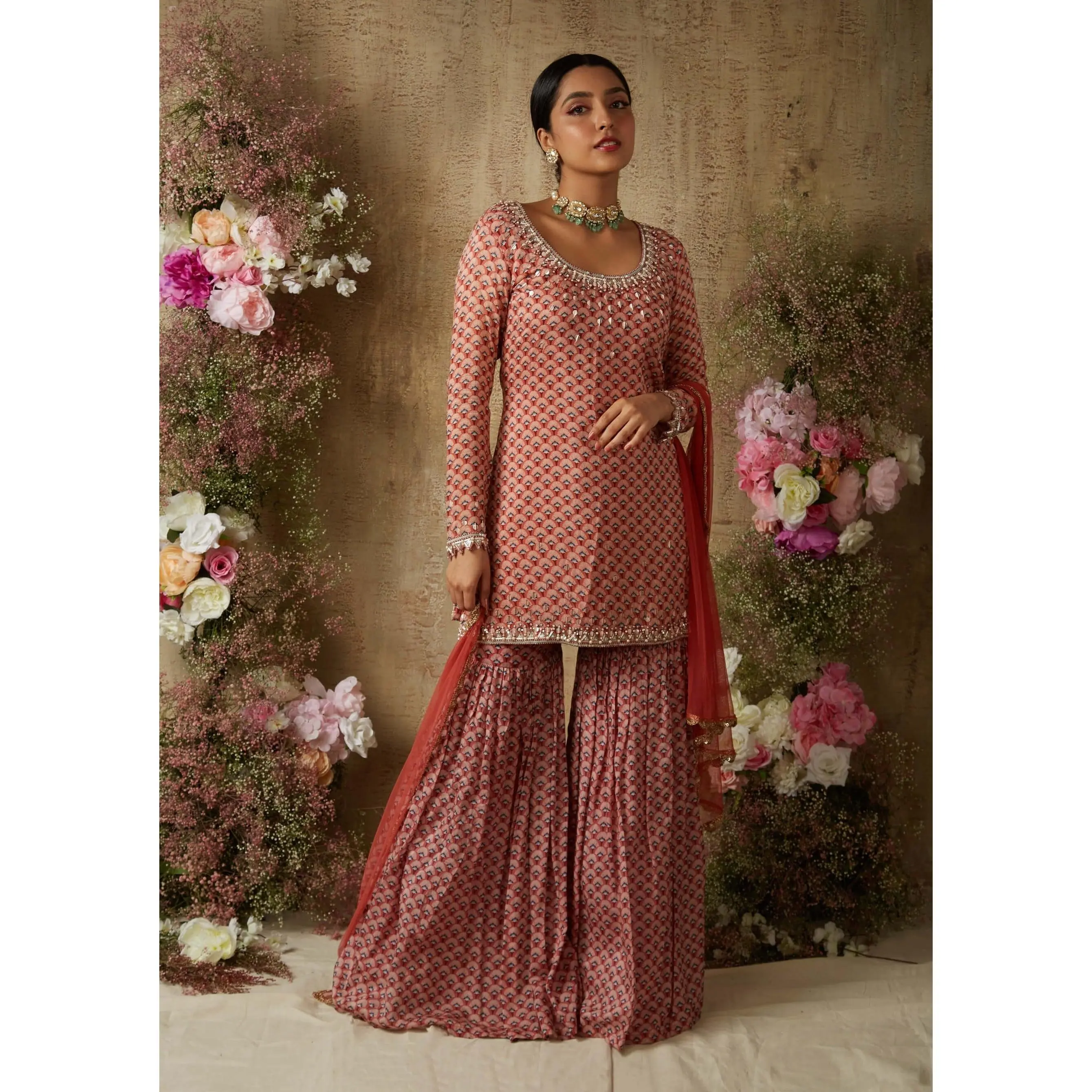 Rust red printed sharara set