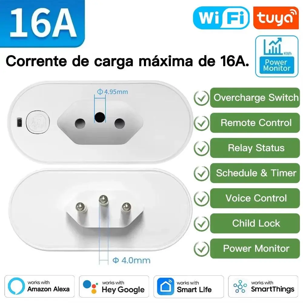 Tuya Smart Plug 16A Brazil WiFi Enabled with Real-Time Power Monitoring Voice Control Remote Access & Energy Awareness
