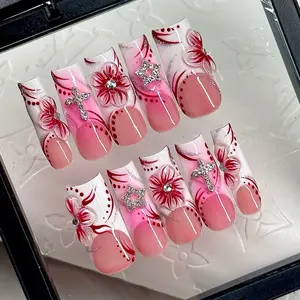 ACRYLIC Y2K FRENCH TIP RED PINK WHITE 3D FLOWERS CHARMS DURABLE HIGH QUALITY CUSTOM HAND MADE PRESS ON NAILS GLUE INCLUDED LONG SQUARE