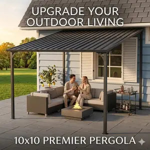 10x10 Outdoor Pergola Hardtop Gazebo Galvanized Steel Lean to Wall Mounted Carport for Backyard Patio Heavy Duty Metal Sun Shade Pavilion Modern Outdoor Living Space Backyard Makeover Home Improvement Ideas