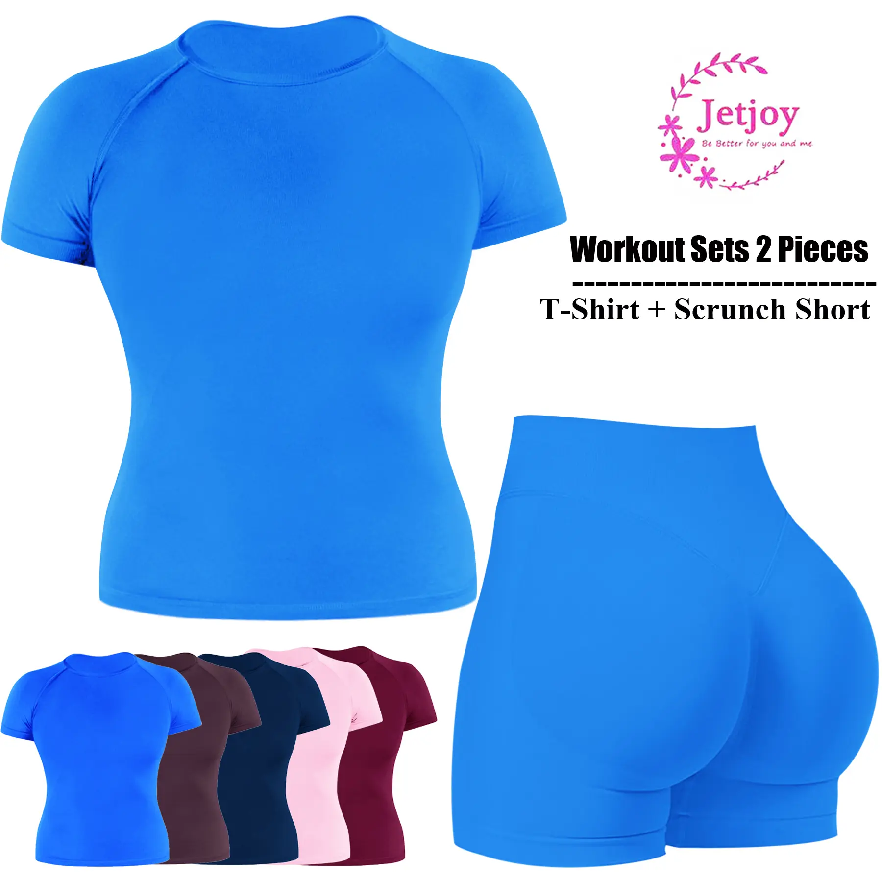 Jetjoy Womens Workout Sets 2 Piece Seamless Yoga Outfits Shorts and Short Sleeve Crop Top Hidden Scrunch Shorts Matching Gym Athletic Clothing Set Sports Fitness athleisure Gym Outfits Yoga Tracksuit summeroutfit