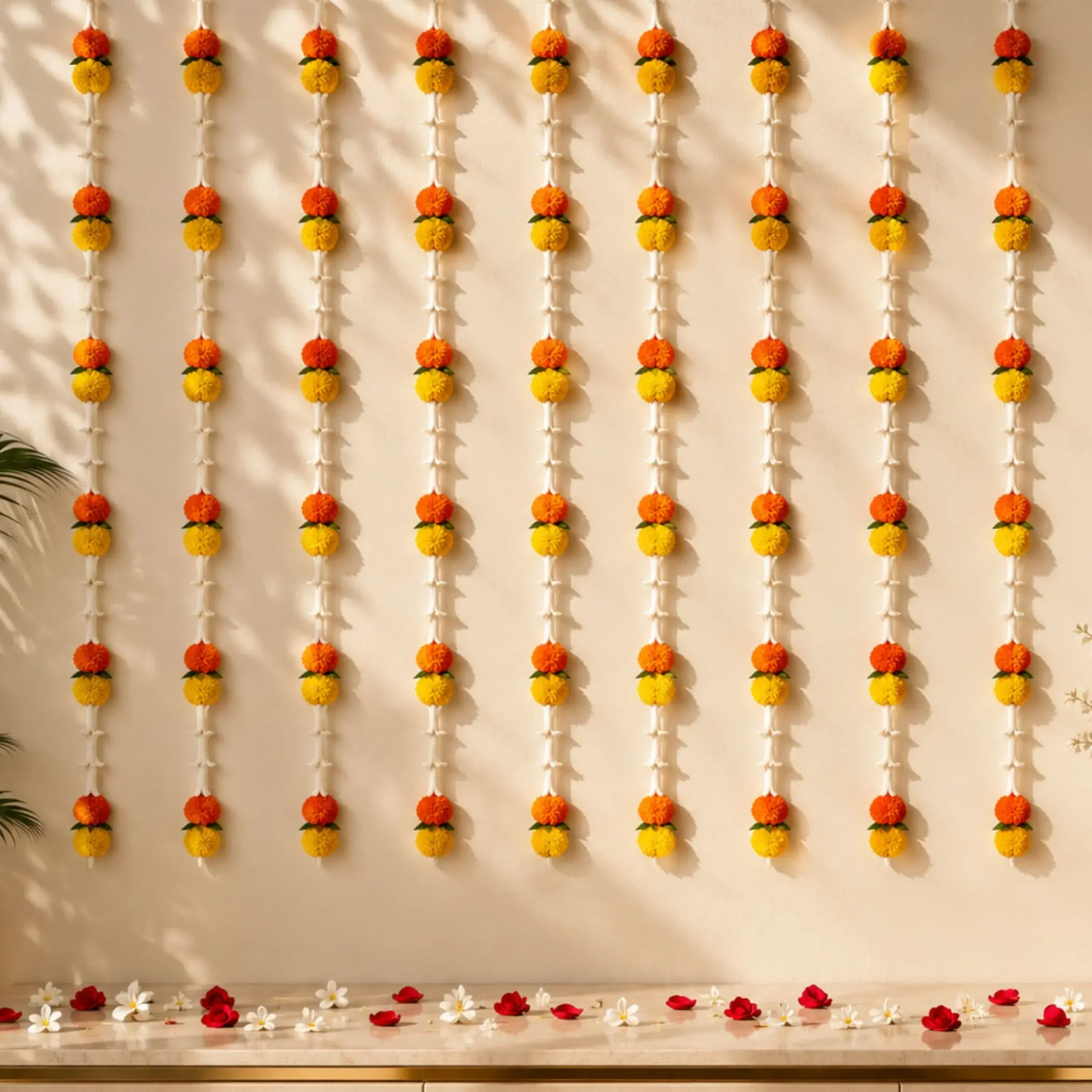Elegant 5 Strings Marigold Tuberose Garland | Vibrant Floral Decor for Diwali, Day of the Dead, Halloween | Perfect Home & Party Accent
