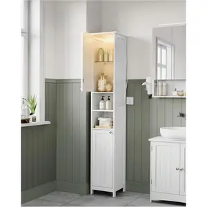 Tall Freestanding Narrow Slim Bathroom Cabinet with Lights, Adjustable Shelves, Open Compartments, Modern Design for Small Spaces