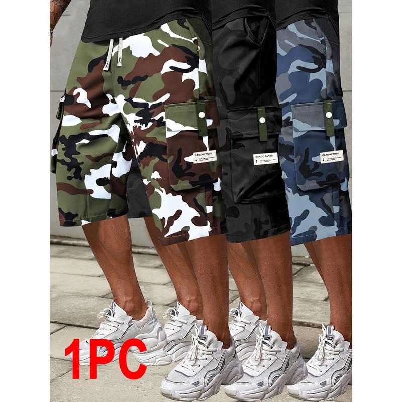 Men's Fitted Camo Cargo Shorts - Drawstring Mid-Waist, Knee-Length, Multiple Pockets, Digital Print, Retro Chic Preppy Casual Athletic Style, Polyester, Cold Wash, for Outdoor Summer Use, Camo Shorts