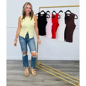 Ribbed Button Placket Sleeveless Top (Reg.)- 6 Colors