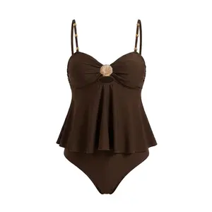 Women's Tankini Two Piece Bathing Suit, Flowy Ruffle Swim Top with Adjustable Beaded Straps, Metal Shell Bust Accent & High Cut Bottom