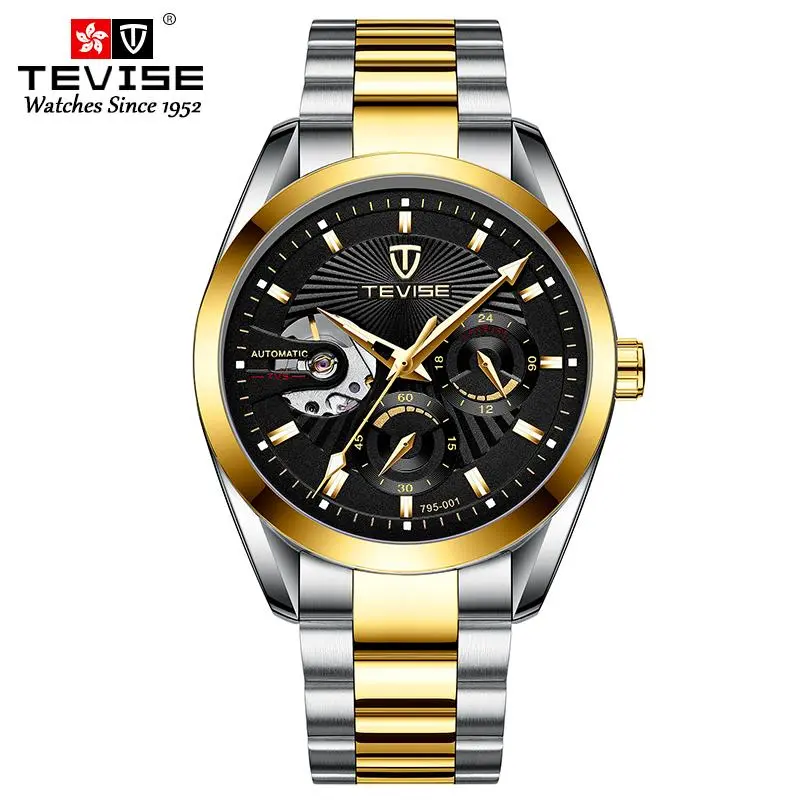 TEVISE Men's Luxury Analog Mechanical Watch - Luminous Hands, Round Alloy Case, Stainless Steel Strap, Daily Business Wear, Father's Day Gift Item