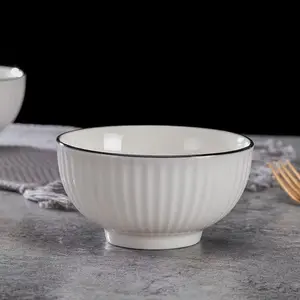 Viral Minimalist Ribbed Ceramic Rice Bowls! 4.5 Inch Black Rim Bowls, Microwave & Dishwasher Safe, Thickened Anti-Scald Stackable Bowls for Rice, Soup, Pasta, Home Kitchen Upgrade Must-Have!