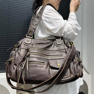 Women's Y2K Washed Vintage Moto City Bag - Large Capacity Retro Shoulder Crossbody Handbag