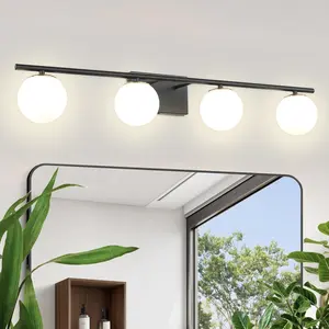 YHTlaeh Bathroom Wall Light Fixture, 4 Lights Bathroom Vanity Light With Plating Brass And Black Milk White Globe Glass Shades, Plating Brass And Black Vanity Lights For Bathroom, Powder Room, Vanity Table, Bedroom, Kitchen(Exclude G9 Bulb)