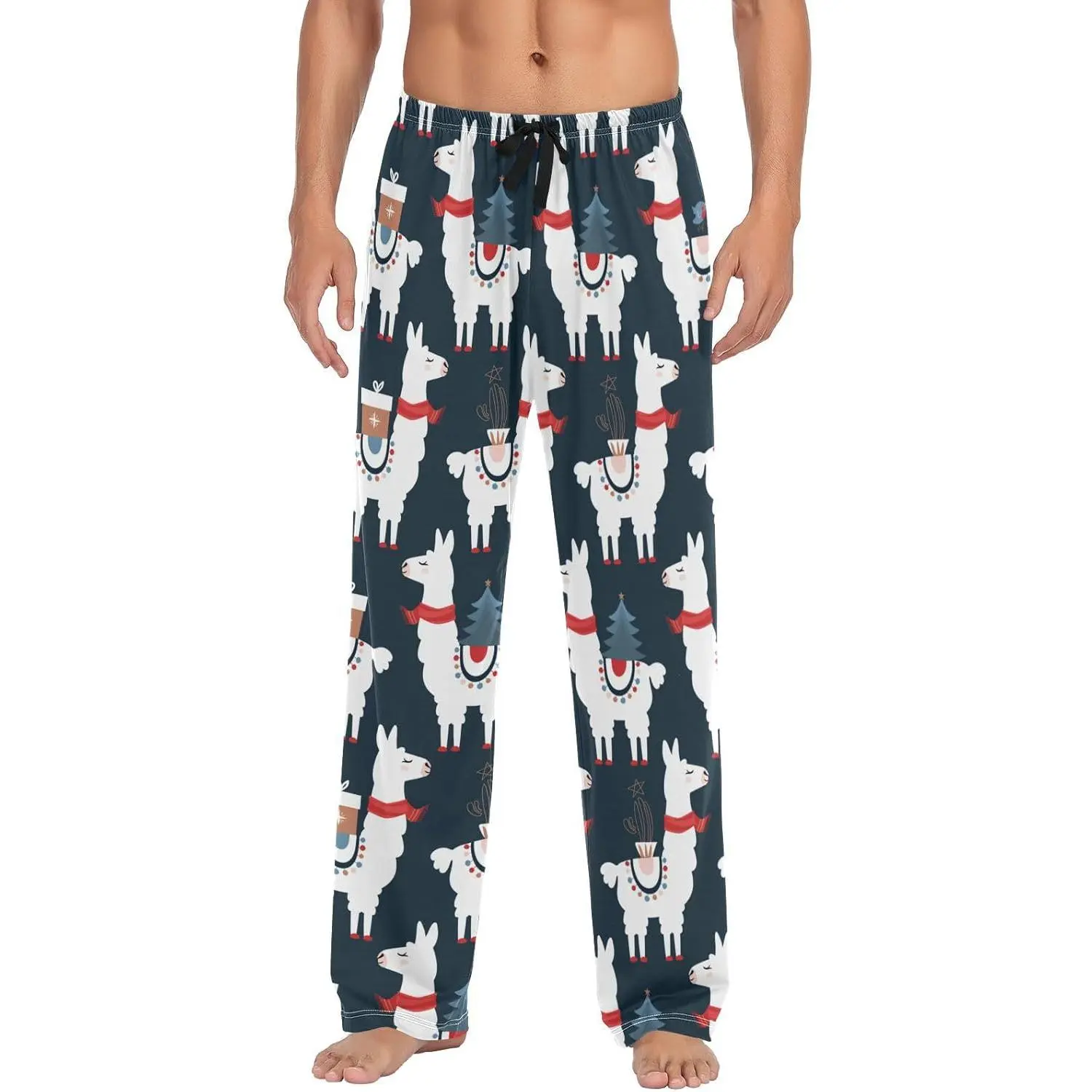 Mens Pajama Pants Cute Christmas Llamas Alpaca Lounge Pants with Pockets,Elastic Waist Sleep Bottoms-S
