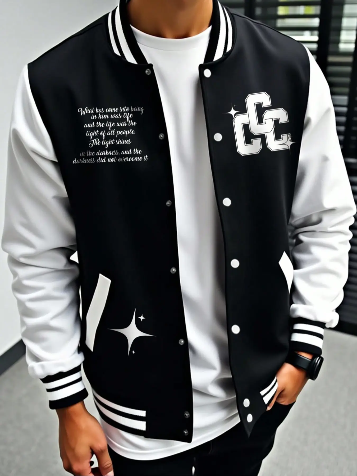 Men's Casual Baseball Jacket, Colorblock Letter Print Long Sleeve Pilot Coat, Preppy Style Fitted Outerwear for Fall & Winter