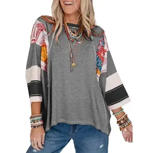 Women's 3/4 Batwing Sleeve T Shirts Tops Oversized Fitted Crewneck Striped Patchwork Graphic Blouses 2025 Casual Women Summer Outfits Womenswear Streetwear