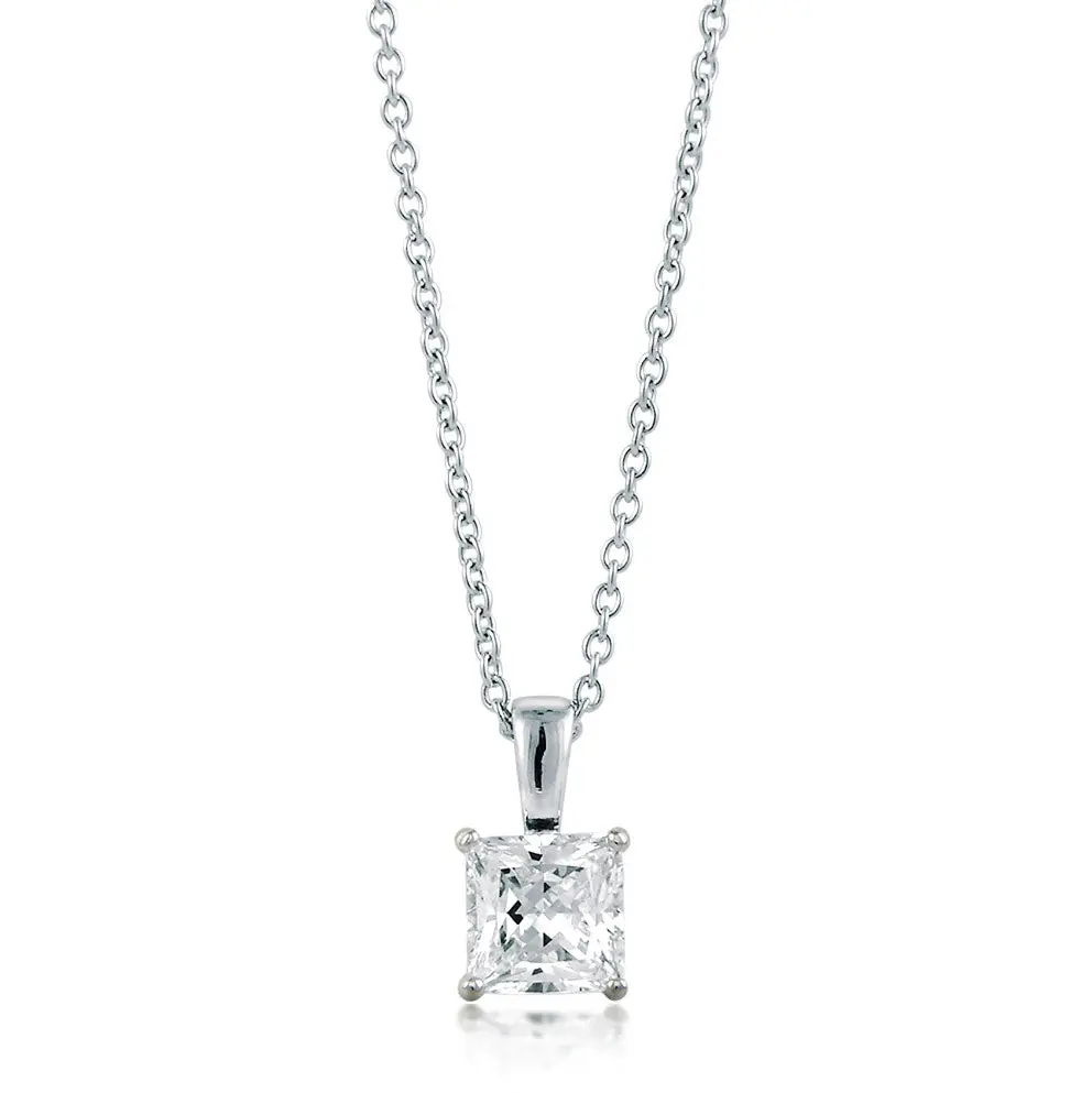 BERRICLE Sterling Silver Solitaire Pendant Necklace for Women, 0.7-2 Carat Princess Cut Cubic Zirconia CZ 16 inch, Size 5-7mm