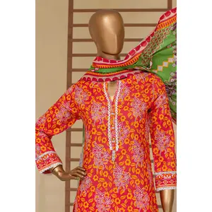 Bright Tangerine 3-Piece Stitched Printed Cambric Cotton Set